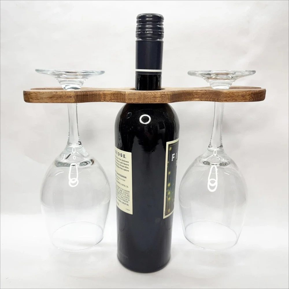 Wooden Wine Bottle Topper Caddy Glass Holder Balancer Rustic Brown Wood 10 Inch - Picture 1 of 4
